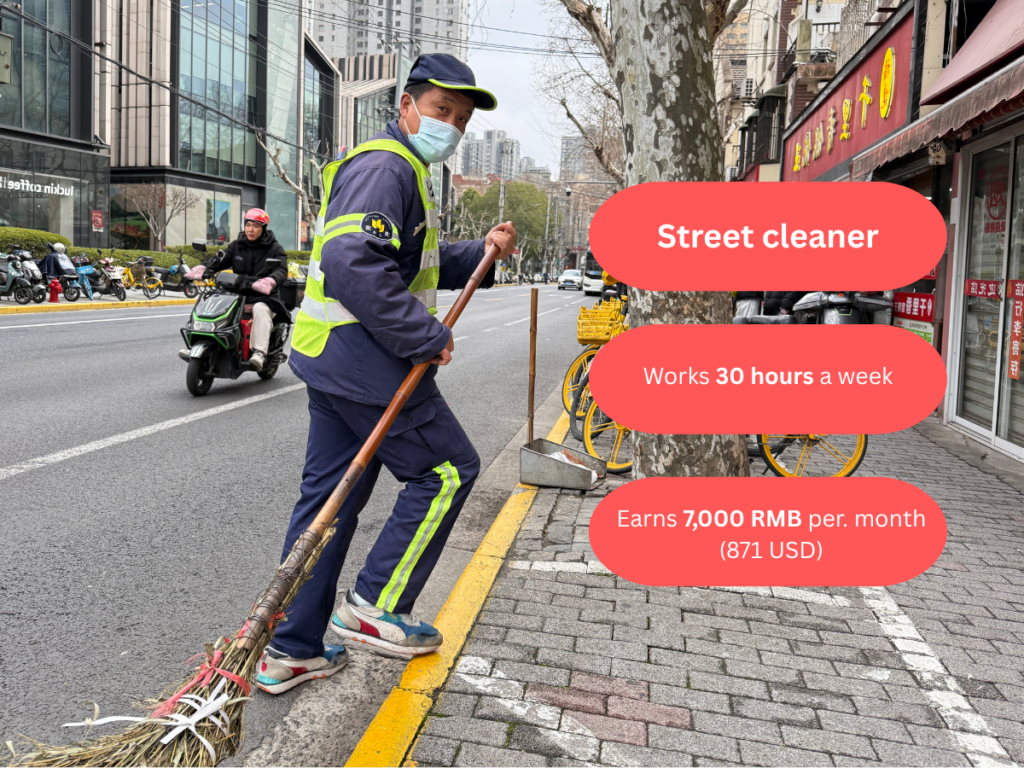 Street cleaner. Earns about 7,000 RMB per month.